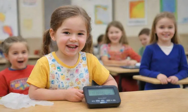 Un niño sonríe entusiastamente mientras sostiene una escala digital junto a los compañeros de clase examinando una variedad de equipos para medir la longitud, el peso y la temperatura, con su maestro sonriendo animadamente a su lado.