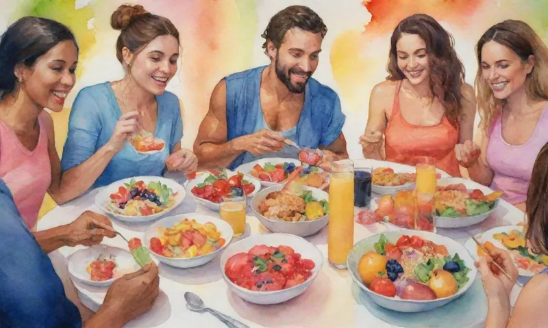 Un grupo diverso de personas de diferentes orígenes disfrutando de una deliciosa comida colorida, rodeada de frutas frescas, verduras, granos enteros y ingredientes saludables, mostrando conexión y disfrute en las opciones diarias de nutrición.