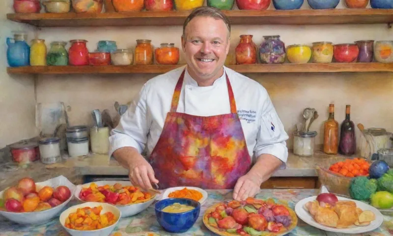 Un chef sonriente tiene una vibrante tapicería de creaciones comestibles - una variedad multicultural de platos - en medio de un ambiente de cocina siempre cambiante lleno de herramientas.