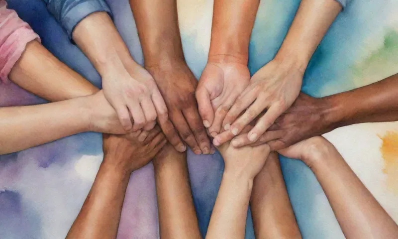 Un grupo de individuos diversos se abrazan de cerca, sus manos entrelazadas, compartiendo un momento orientado hacia un horizonte abierto, con sus ojos reflejando esperanza, fuerza y comprensión como un símbolo de comunicación claro se muestra junto a ellos.