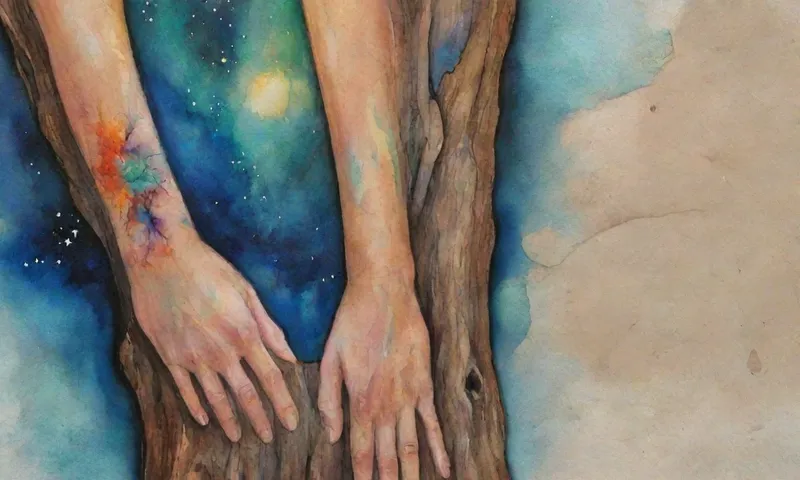 Una mano de mujer descansa suavemente sobre un tronco de árbol templado, mientras que las raíces cruzan una imagen abstracta de la Tierra, entrelazada con estrellas que simbolizan la esperanza, y una sola llama que representa la fuerza interior.