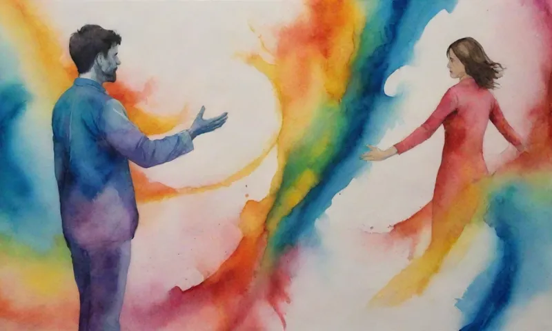 Una mano que se extiende desde un resplandor abstracto de color, conectando con dos figuras: una con ropa pintada, otra mirando al arte con asombro.