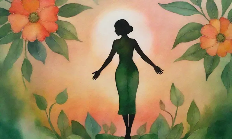 Una figura silueta contra una suave puesta de sol que sostiene las manos con una flor floreciente mientras rodeado de hojas verdes girantes.