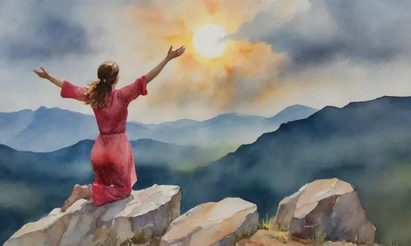 Una mujer, brazos extendidos, arrodillados en una cumbre rocosa de montaña, luz del sol iluminando su rostro irradiando calma en medio de nubes de tormentas alrededor abajo.