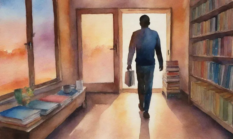 Una silueta de una caminata humana con confianza, con varios objetos que representan rutinas diarias dispersas alrededor de ellos, como libros, taza de café, laptop, zapatos, etc., todos iluminados por el amanecer en múltiples ventanas detrás de ellos, mostrando un camino estructurado y dinámico hacia el éxito.