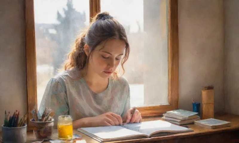 Una joven se centra en su propio reflejo en un espejo, iluminado por un rayo de luz solar que atraviesa las nubes arriba, con herramientas de autodescubrimiento como libros y una revista colocada a su lado.