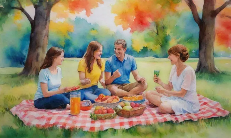 Un alegre picnic familiar lleno de risa y conversación, enclavado en medio de un colorido escenario de naturaleza vibrante.