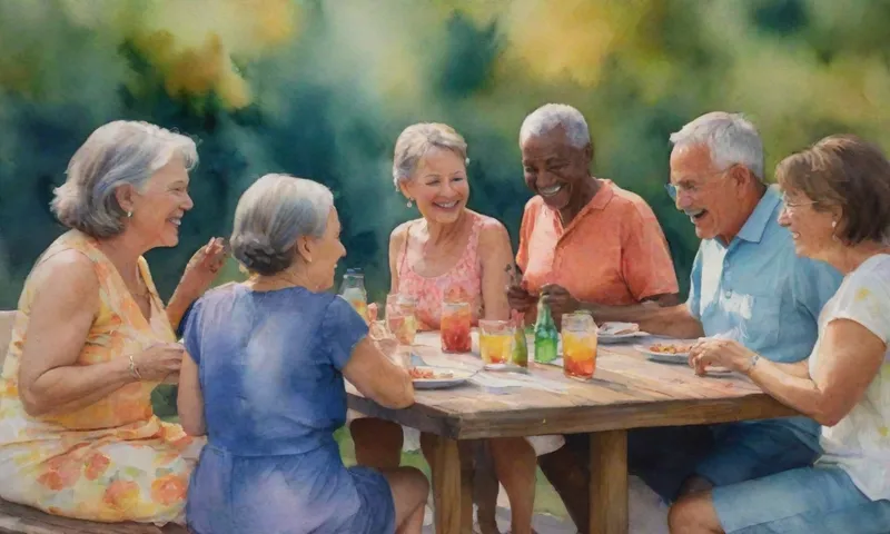 Un grupo de individuos diversos de diferentes generaciones se reúne alrededor de una mesa compartida para una reunión al aire libre, risas, sonrisas y una conversación animada evidente.