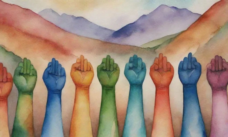 Un grupo diverso de personas, manos entrelazadas, se oponen desafiantemente al contexto de un terreno desafiante, simbolizando el triunfo sobre la adversidad mediante el entrenamiento de resiliencia.