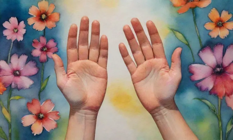 Un par de manos se juntaron entre flores vibrantes, sus palmas hacia arriba, la luz irradiando hacia fuera desde sus dedos.
