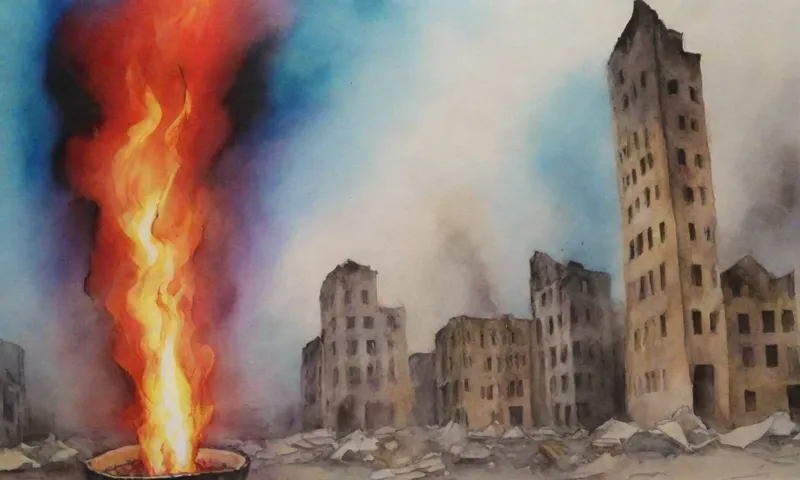 Una sola mano se extiende hacia arriba, apretada fuertemente alrededor de una antorcha ardiente, con humo que sale de un telón de edificios destrozados, aferrado a la esperanza en medio de la destrucción.