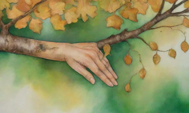 Una mano templada que cierra una rama de árbol robusta, en medio de hojas caídas de verde y oro, mientras que la luz del sol ilumina monedas de oro.