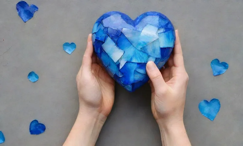 Una mano sosteniendo suavemente un solo corazón azul, enclavado entre pedazos destrozados de un fondo concreto de bloque de ciudad, simbolizando la resiliencia tanto social como individual durante los tiempos de crisis.