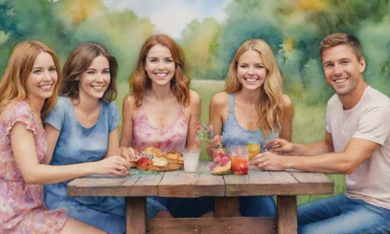 Un grupo de amigos sonrientes riéndose juntos mientras agarran las manos en una mesa de picnic del parque, rodeado de flores silvestres.