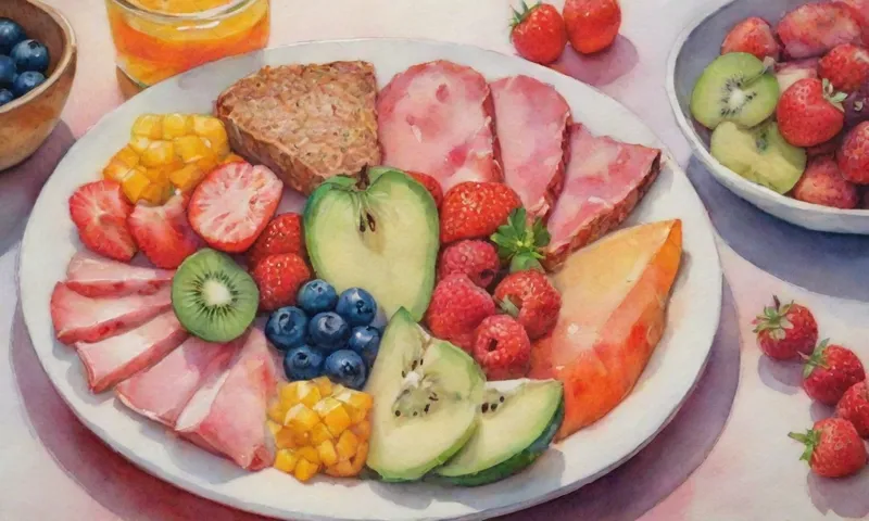 Un plato colorido de diversos platos rebosantes de frutas frescas, verduras, granos, carne y lácteos, dispuestos artísticamente por colores vibrantes.