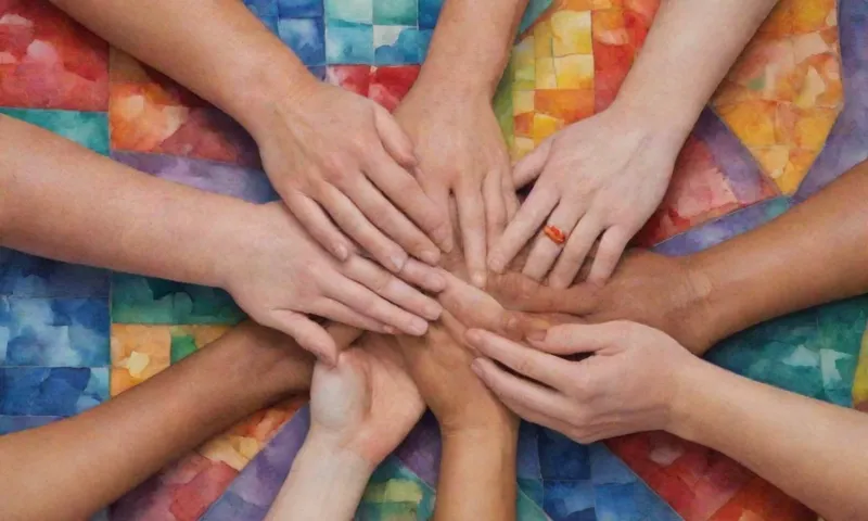 Un grupo diverso de manos entrelazadas formando un abrazo abierto, rodeado de un mosaico de textiles coloridos que representan experiencias compartidas y perspectivas diversas.