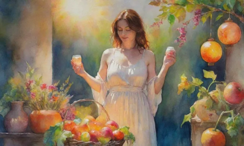 Una mujer se encuentra bañada a la luz del sol, irradiando calor y seguridad propia, sosteniendo una linterna que arroja un resplandor suave en torno a ella, mientras que rodeada de plantas florecientes, agua y diversos frutos / verduras coloridas.