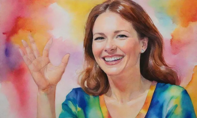 Una mujer radiante sonríe cálidamente, vestida de colores vibrantes, sosteniendo su mano para enfatizar su brillante y saludable piel como si mostrando un tesoro descubierto dentro.