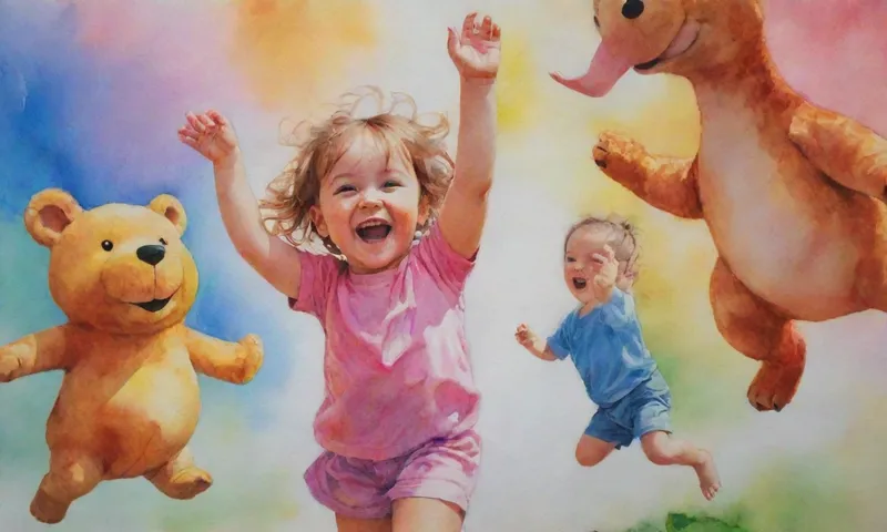Una cara de niños vibrantes iluminada por la luz del sol se vierte en una gran sonrisa mientras saltan por la alegría, sosteniendo un gran animal relleno mientras juegan la etiqueta con un grupo de otros niños.
