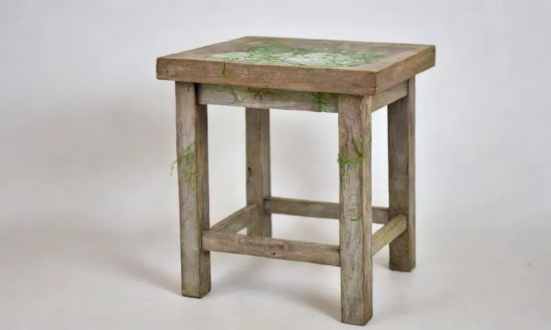 Un taburete de madera templada equilibrado precariamente encima de una caja blanca minimalista, adornada con una variedad de malas hierbas talladas a mano.
