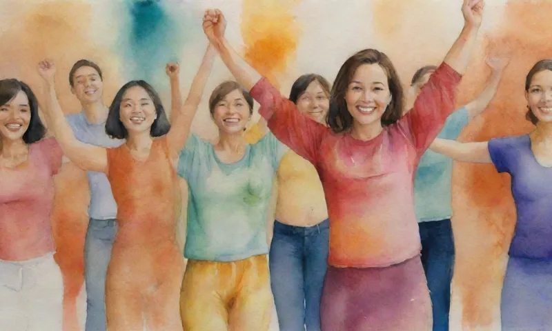 Una mujer sonriente se destaca con sus brazos extendidos, rodeado de gente diversa que representa diferentes culturas y orígenes, todos mirando uno al otro con expresiones cálidas y comprometidas.