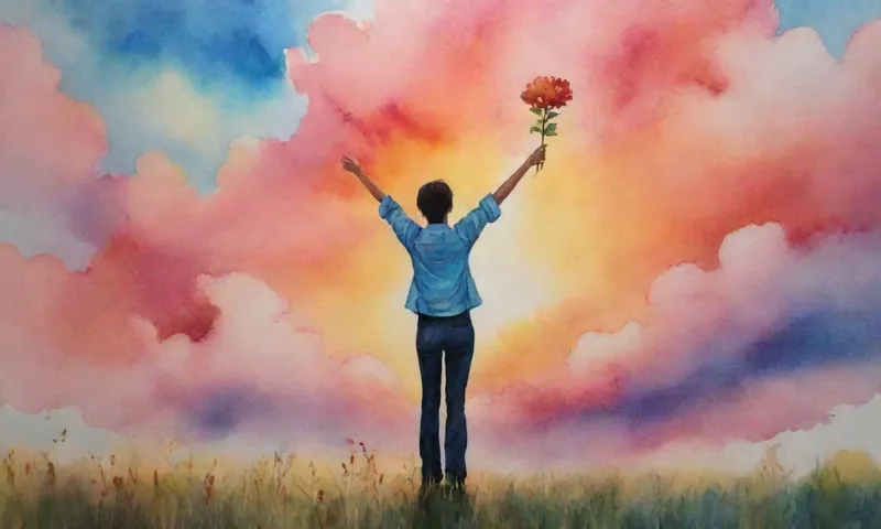 Una persona de pie triunfalmente contra un cielo de puesta de sol, alcanzando hacia una nube brillante de vibraciones positivas y sosteniendo una flor floreciente en su mano.