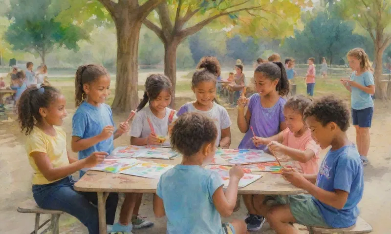 Un grupo diverso de niños, cada uno con un colorido crayón o pincel, se acurrucaron entusiastamente en una aula al aire libre bajo la sombra de los árboles, mientras que un instructor sonríe brillantemente, agitando hacia un lienzo.