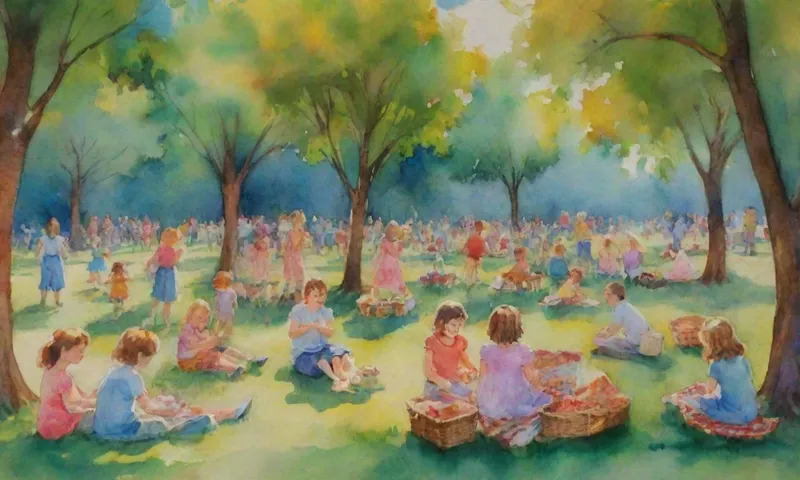 Una animada y vibrante escena del parque llena de niños riéndose jugando etiqueta, grupos de personas compartiendo cestas de picnic y conversando, y ancianos leyendo el uno al otro mientras disfrutan del aire fresco.