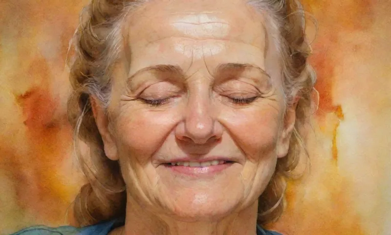 Un retrato cercano de una mujer templada cara, ojos cerrados, sonriendo suavemente, manos apretadas en posición de oración como la luz del sol pinta sus características de oro, dentro de una iglesia rural al atardecer.