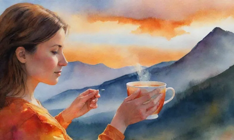 Las manos de una mujer sostienen una taza de té, sus ojos mirando hacia arriba en un cielo resplandeciente ámbar a través de un paisaje de montaña tranquilo.