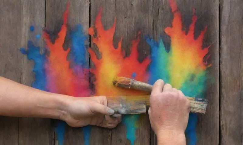 Una mano que sostiene un pincel es presionada contra una cerca de madera templada, que irrumpe en llamas coloridas, desafiando sus restos quemados.