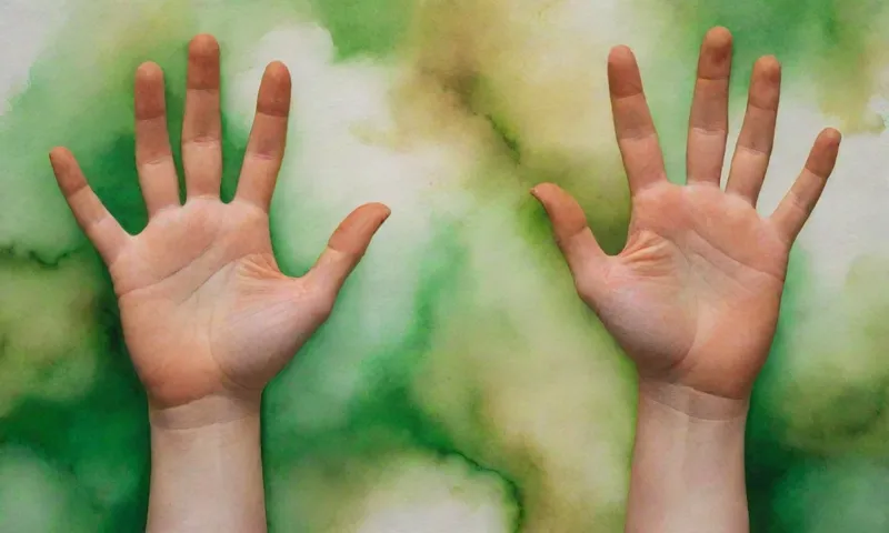 Las manos de los jóvenes están firmemente agarrando dos raíces, una verde y una marrón, ya que están firmes con sus ojos mirando hacia el cielo por encima de los vientos fuertes.