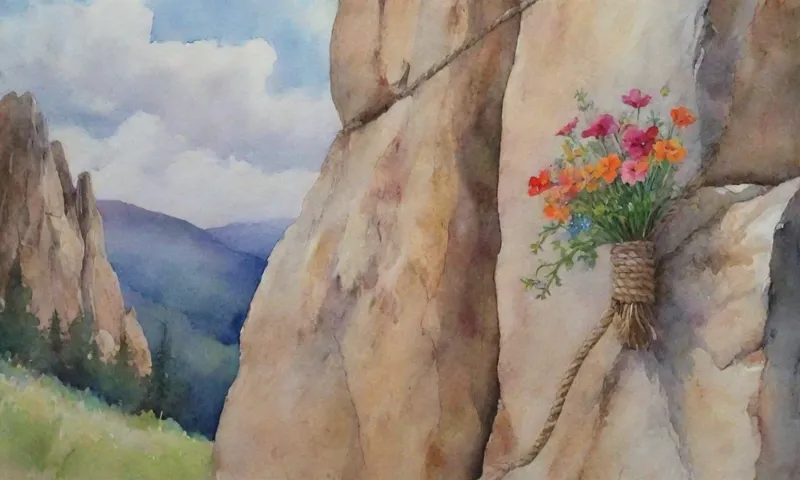 Una sola mano agarre una cuerda robusta que sube una cara de roca, con flores silvestres que florecen detrás de ella, simbolizando el crecimiento después de una tormenta.