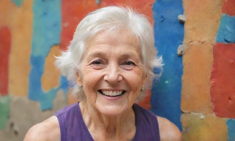 Una mujer alta y vibrante que sonríe los ojos se reflejan en la luz de un antiguo muro de escalada, rodeado de otras personas mayores que participan en diversas actividades que sustentan la vida.