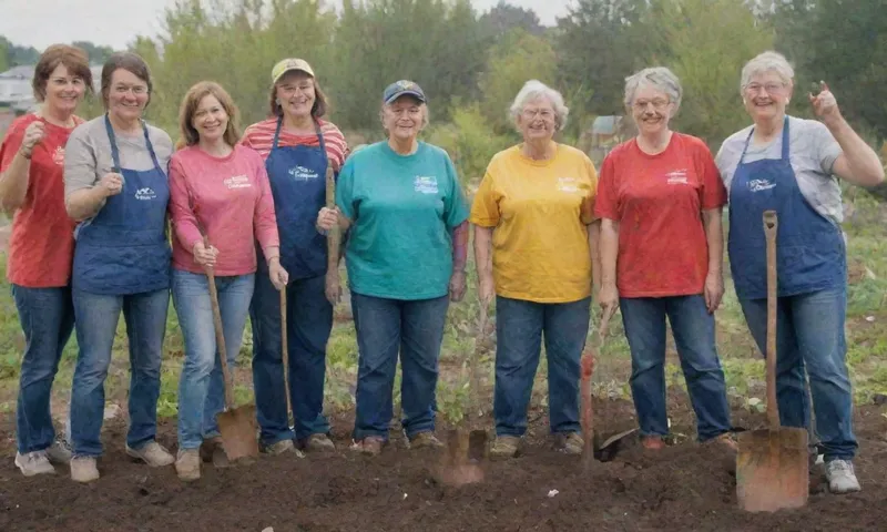 Un grupo de voluntarios, sonriendo brillantemente, de pie lado a lado, las manos levantadas mientras sostienen palas pintadas, ayudando a construir un jardín comunitario sostenible en medio de una variedad de rostros climatizados y ropa colorida.