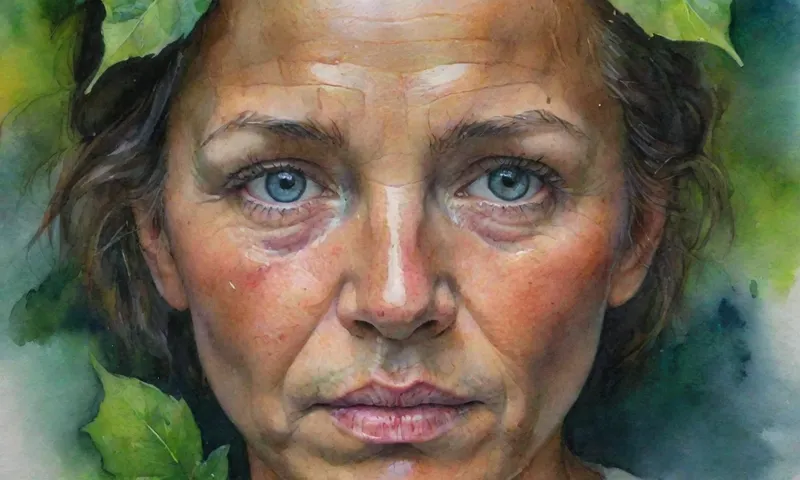 Un retrato cercano de una persona en el rostro climatizado, con sus ojos llenos de determinación mientras se paran en medio de una tormenta, rodeado de exuberante vegetación que representa la resiliencia y el crecimiento a pesar de los desafíos.