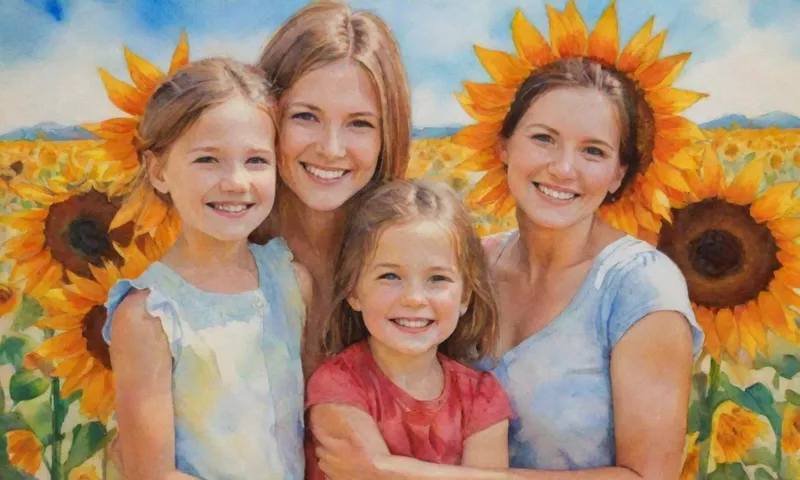 Una familia de cuatro sonríe brillantemente contra un telón de los vibrantes girasoles, sus manos entrelazadas, el sol irradiando de sus rostros.