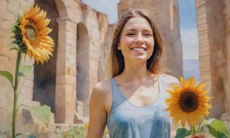 Una joven se pone fuerte contra las ruinas torrentes mientras se aferra un floreciente girasol, la luz del sol iluminando su decidida sonrisa.