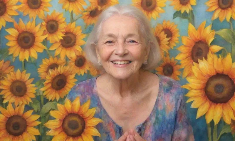 Una anciana sonriente se encuentra con confianza en medio de girasoles vibrantes