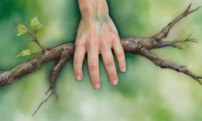 Imagen: Una toma de cerca de una mano humana agarrando una rama templada, raíces y vid envolviendo alrededor de sus dedos, hojas brotando, vides creciendo a un verde delicado, y flores floreciendo en perfecta armonía.