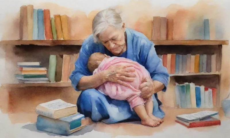 Un retrato de una anciana, sus ojos cerrados, aferrado a un niño pequeño que se arrodilla ante ella, en medio de libros dispersos y proyectos inacabados, reflexionando sobre la resiliencia de la familia a través de generaciones.