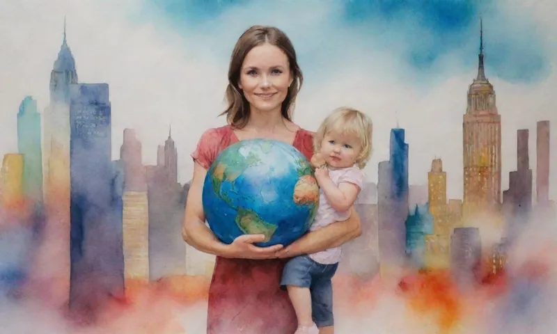 Una mujer, cruzada por los brazos, se encuentra en un horizonte urbano mientras un niño se sienta a su lado, sosteniendo un globo que representa diferentes países representados por las manos, simbolizando la resiliencia a través de fronteras y culturas.