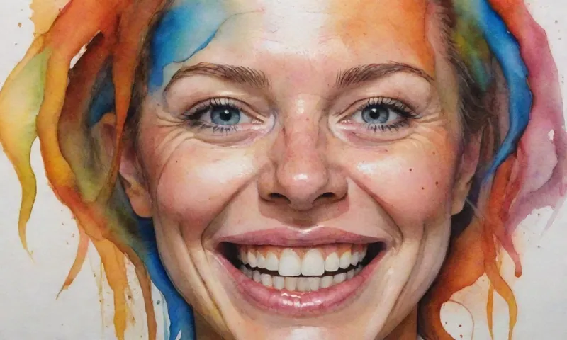 [Una ilustración de una persona que aparece distorsionada y estresada, pero luego lentamente transformándose en una sonrisa, sus músculos faciales visiblemente relajantes acompañados de raíces coloridas que crecen desde la frente y se extienden hacia fuera]