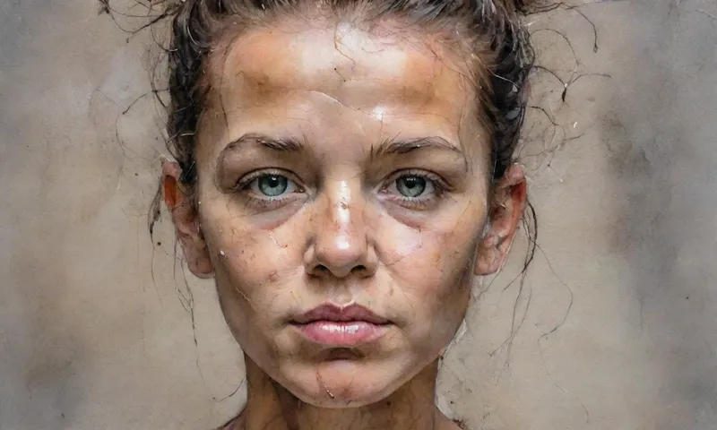 Un rostro templado, medio escondido por hilos de pelo, mira atentamente hacia adelante, irradiando una mezcla de aceptación y fuerza, ya que su mano de hormigón agrietado sostiene una pequeña semilla.