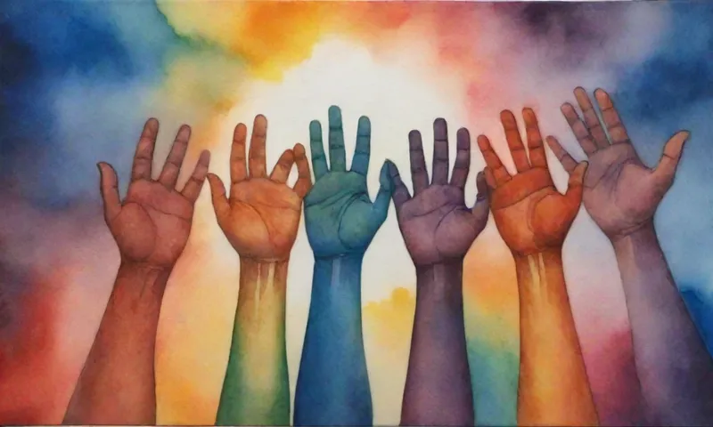 Un grupo diverso de manos, entrelazadas, extendiéndose hacia un amanecer, simbolizando la fuerza y la esperanza compartidas en medio de una tormenta.
