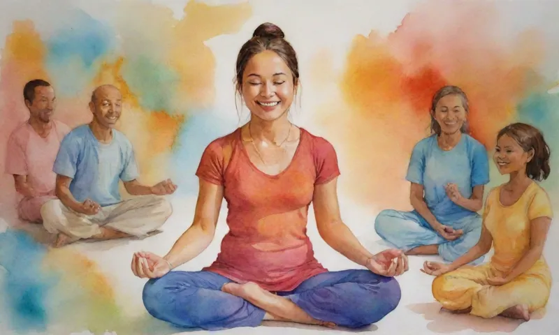 Una persona meditando pacíficamente rodeada de ojos sonrientes de diversos individuos de todos los paseos de la vida.