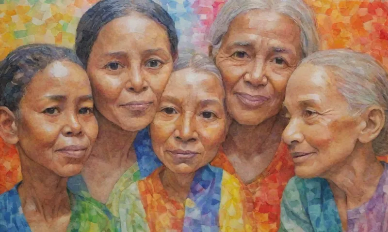 Un mosaico multifacético, entrelazado y vibrante que representa diversos elementos humanos: niños, personas de edad, personas discapacitadas, etnias, culturas, formando una red interconectada de fuerza y apoyo.