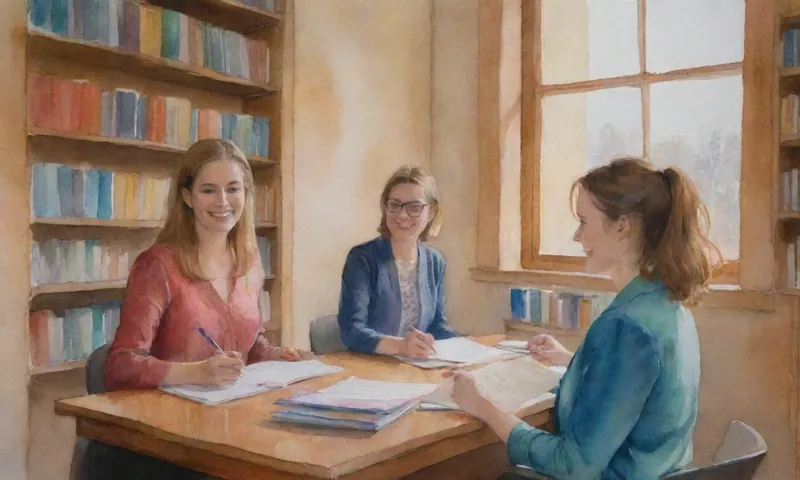 Una persona se encuentra frente a un mentor que sostiene papeles y toma notas, ambos usando expresiones sonrientes, en una sala de estudio con estanterías llenas de conocimiento y luz que fluye desde la ventana.