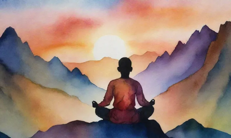 Una figura silueta se sienta meditando en medio de los picos de montaña, su ceja surcada, mirando hacia el sol que se levanta sobre el horizonte, las manos apretadas, encarnando la determinación pacífica.