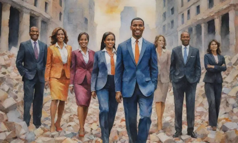 Un grupo diverso de personas vestidas para trabajar (aficionados al negocio) de pie, sonriendo con confianza, en medio de montones de escombros en una ciudad destruida.